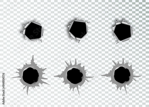 Ragged hole in metal from bullets on white transparent background. Vector