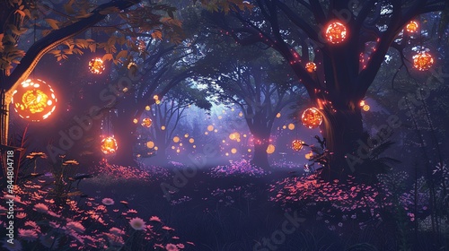 Mystical night forest with glowing mushrooms and flowers. The light from the mushrooms creates a magical atmosphere.