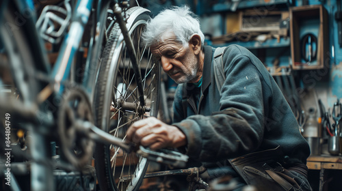 An elderly gray-haired man in dirty work clothes repairing a bicycle in a workshop.