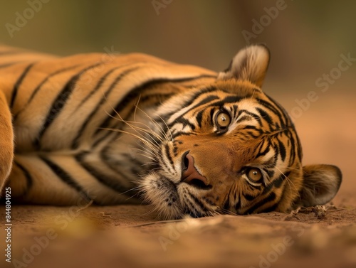 A tiger lies on the forest floor  its head resting on the ground  gazing intently with piercing eyes.