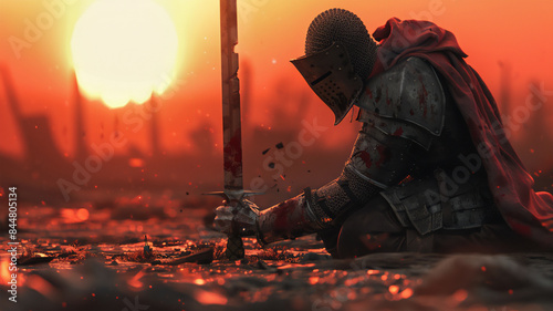 An old and exhausted knight in bloody armor kneels on the battlefield, holding a damaged sword. An orange sunset illuminates the scene, reflecting the sadness and gravity of the moment. © Yuriy Maslov