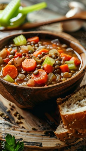Hearty Vegetable and Lentil Soup with Carrots, Celery, Tomatoes, and Whole Grain Bread