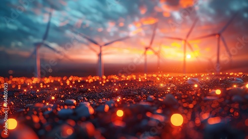 Vibrant sunset over a field with wind turbines and glowing bokeh lights