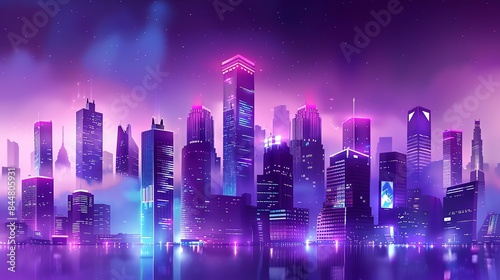 A beautiful cityscape of a modern city at night. The city is full of tall buildings  bright lights  reflections on the water and a starry sky.