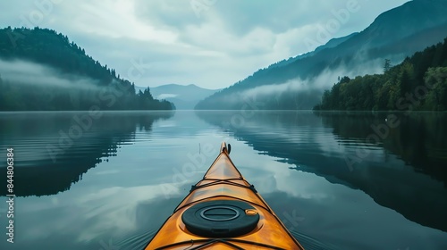 kayaking on a misty lake surrounded by mountains © Nijat