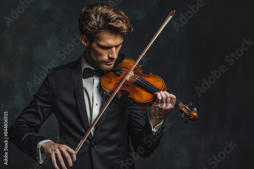 Elegant man in a black suit plays the violin on a dark empty background with space for text or inscriptions close up 