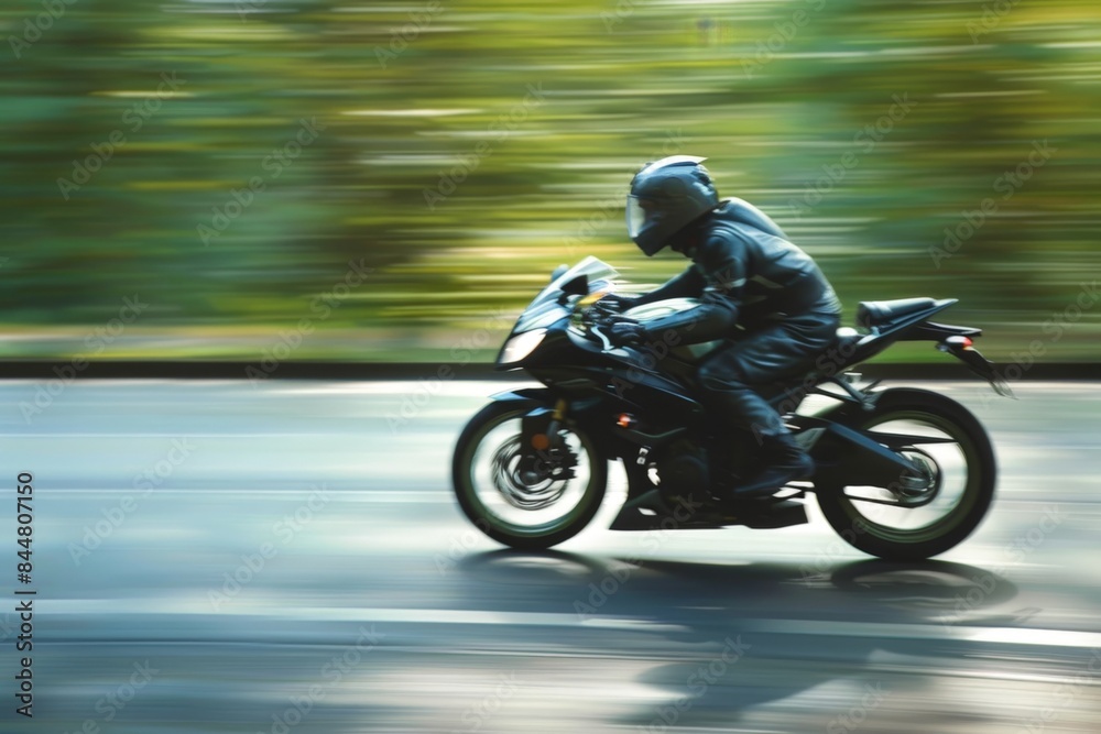 Motorcyclist on Black Bike Speeding on Wet Road Motorcyclist on Black Bike Speeding on Wet Road