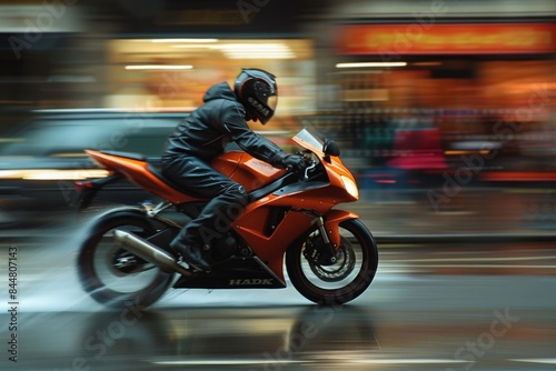 Motorcyclist on Orange Sport Bike in Urban Rain