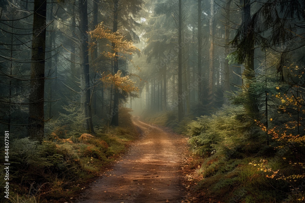 Fototapeta premium Misty Forest Pathway in Autumn Morning