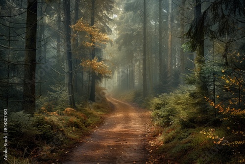 Misty Forest Pathway in Autumn Morning
