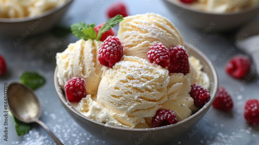 Vanilla Ice Cream with Raspberries and Mint Vanilla Ice Cream with Raspberries and Mint