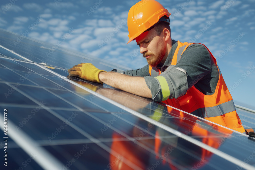 Service engineer checks the installation of photovoltaic panels on the roof of a house with a safety helmet
Service engineer checks the installation of photovoltaic panels on the roof of a house with a safety helmet