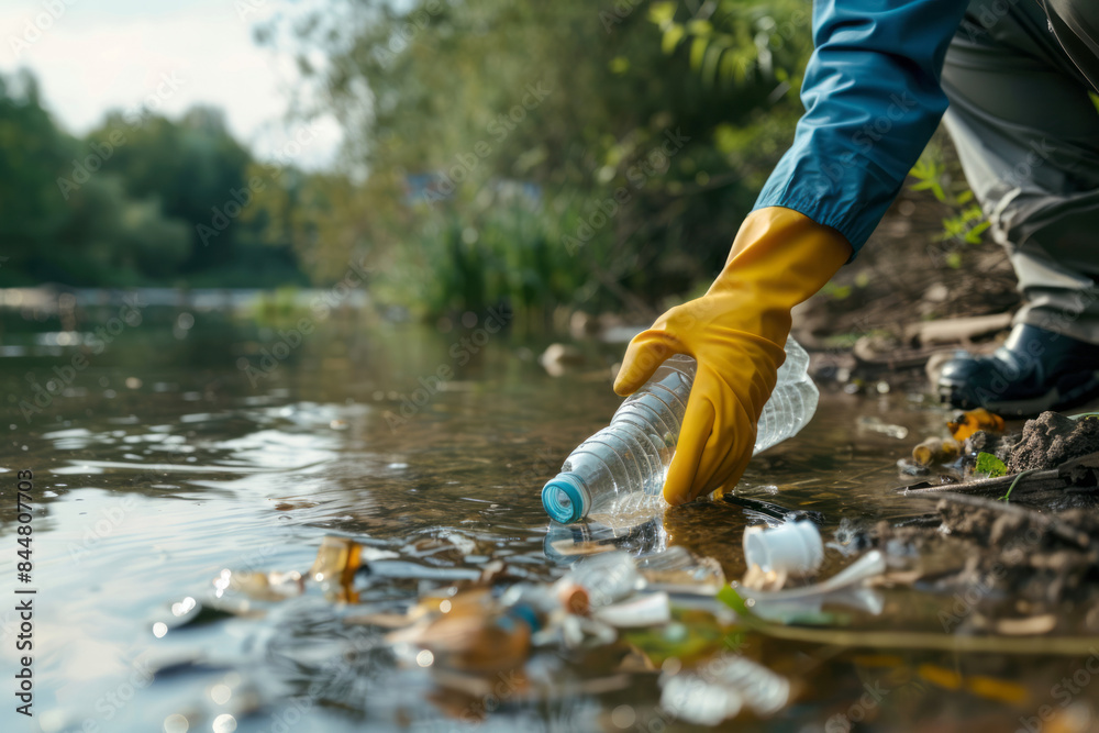 Harm to the environment. Volunteer collecting plastic bottle from river close up, selective focus
Harm to the environment. Volunteer collecting plastic bottle from river close up, selective focus