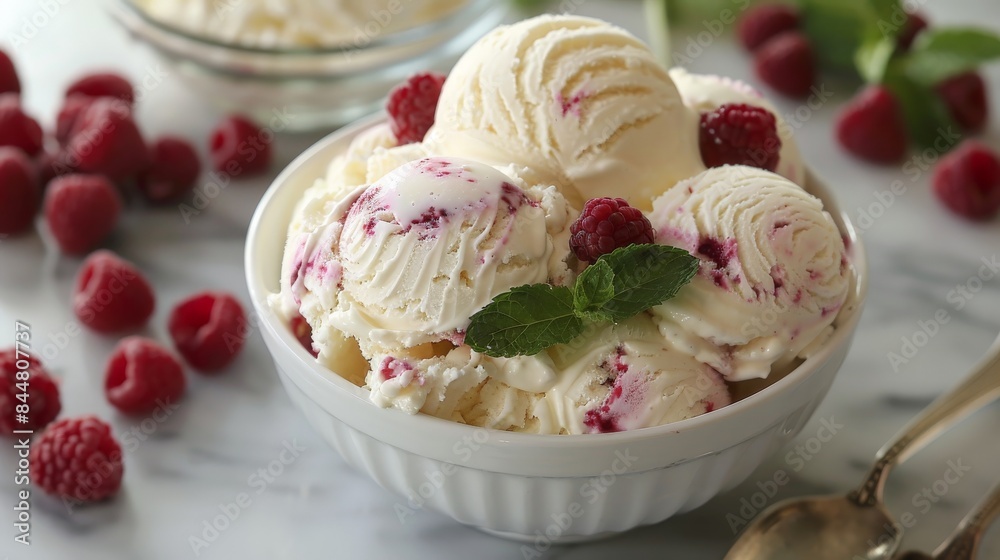 Raspberry Vanilla Ice Cream in White Bowl Raspberry Vanilla Ice Cream in White Bowl
