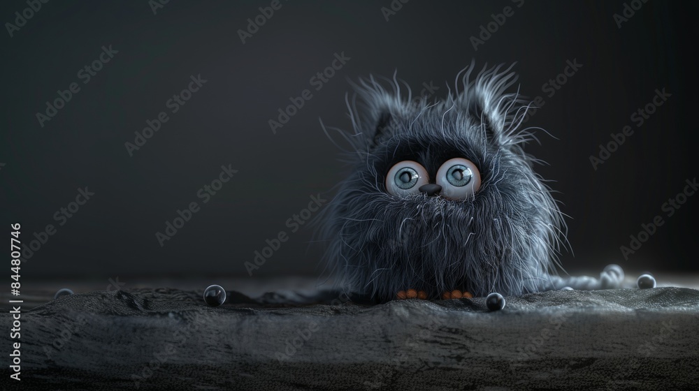 Cute furry dark monster cat on dark background, style 3D Cute furry dark monster cat on dark background, style 3D