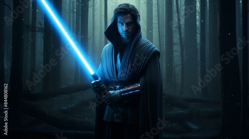 Jedi holding a blue lightsaber in a forest with glowing lights.