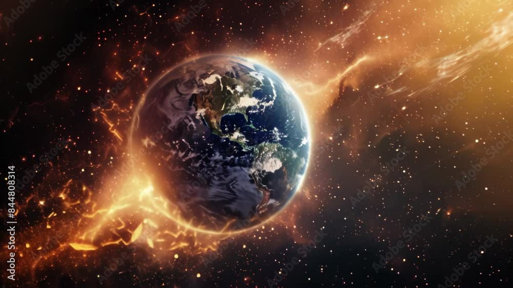 Earth in space surrounded by bright cosmic flames and sparks. High-resolution space photography. Cosmic explosion and universe concept. Earth in space surrounded by bright cosmic flames and sparks. High-resolution space photography. Cosmic explosion and universe concept.