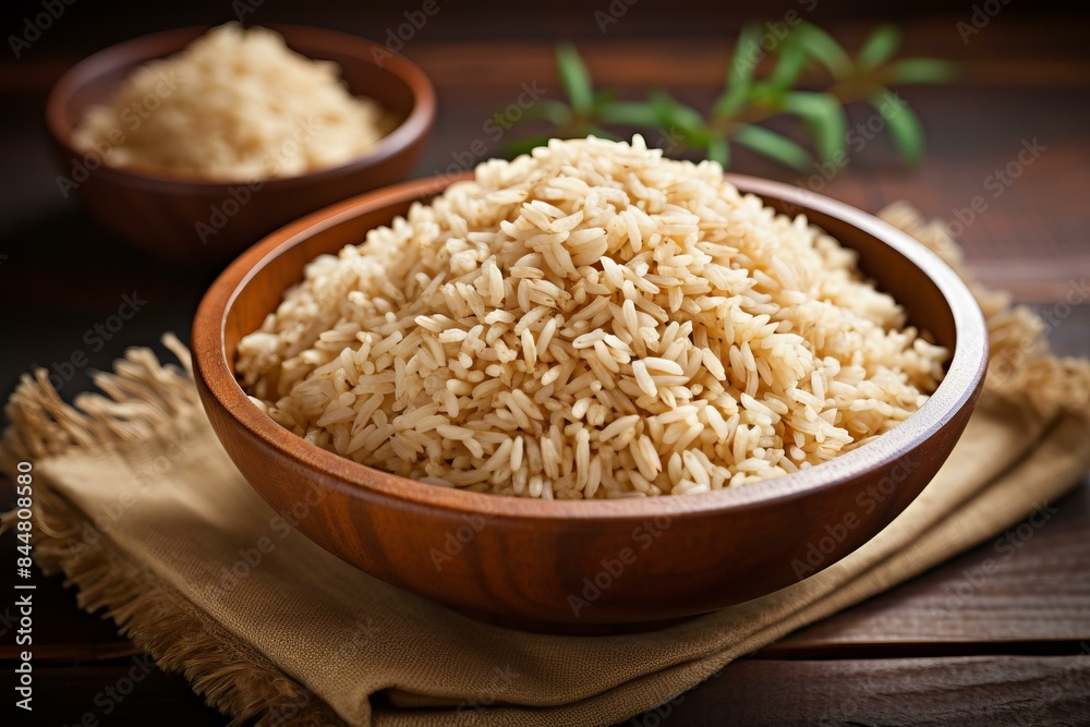 Rustic image featuring a bowl of brown rice accompanied by fresh herbs on a wooden background Rustic image featuring a bowl of brown rice accompanied by fresh herbs on a wooden background