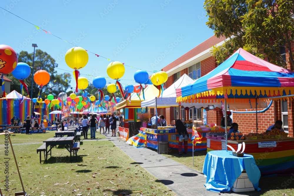 Fototapeta premium Community School Carnival Fundraiser with Colorful Games, Food Stalls, and Activities Under Clear Blue Sky