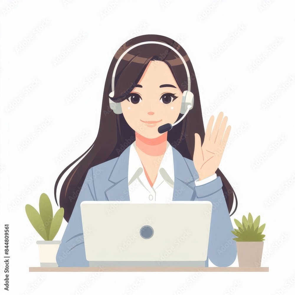Female operator answers call. Advertising illustration for online support service. Chat bot Female operator answers call. Advertising illustration for online support service. Chat bot