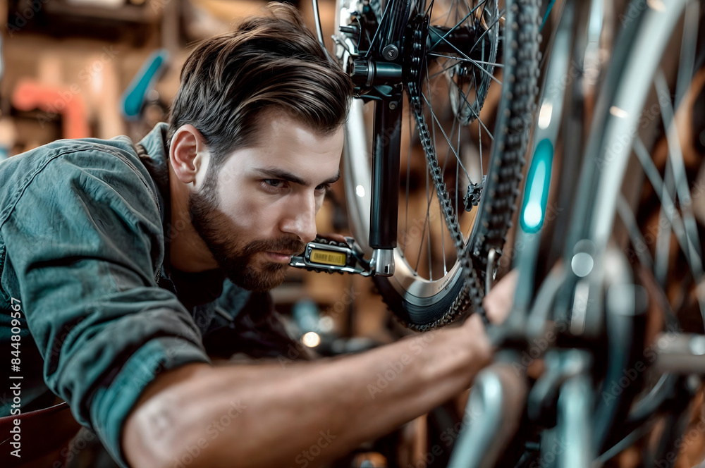 Obraz premium Male mechanic in a bicycle repair shop, using a special tool with gloves. Perfect for educational content on bike maintenance, showcasing the expertise required for proper repairs