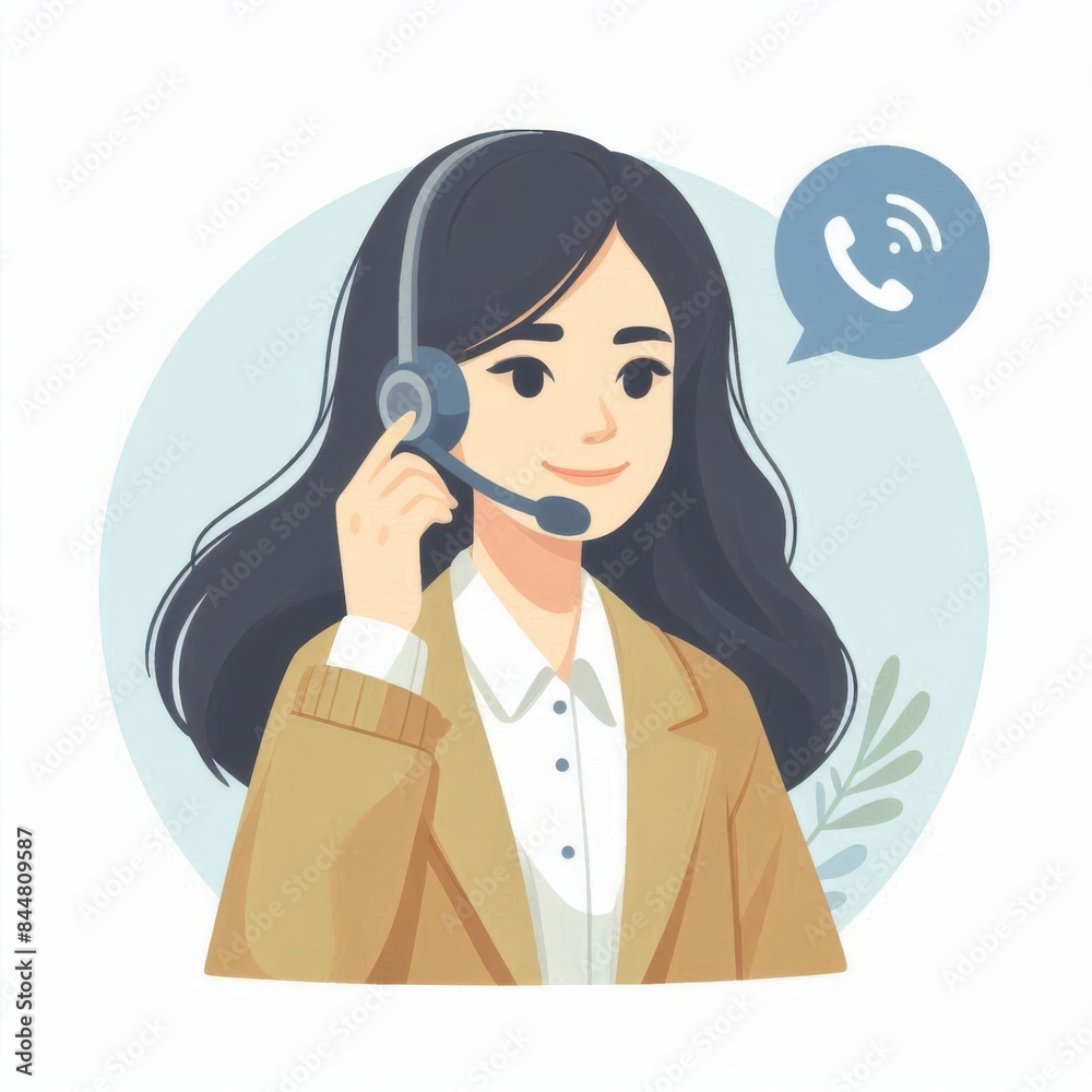 Female operator answers call. Advertising illustration for online support service. Chat bot Female operator answers call. Advertising illustration for online support service. Chat bot