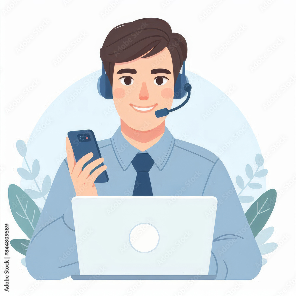 Male operator in headphones with microphone answers call. Online support and support Male operator in headphones with microphone answers call. Online support and support