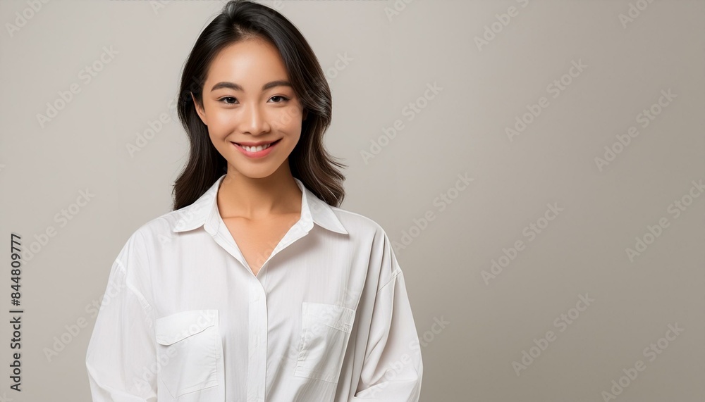 Young Asian woman in white linen shirt against neutral background Young Asian woman in white linen shirt against neutral background