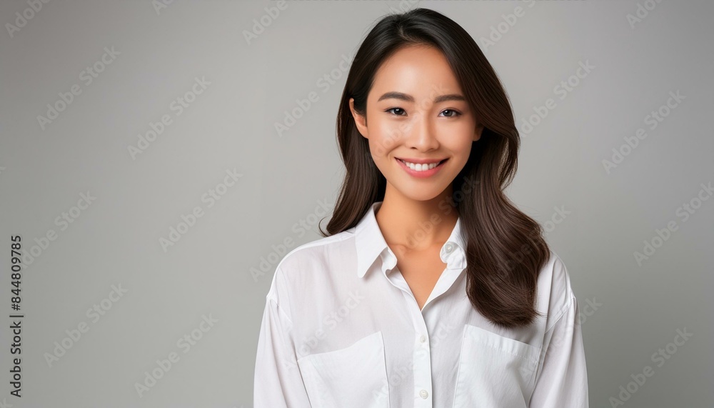 Young Asian woman in white linen shirt against neutral background Young Asian woman in white linen shirt against neutral background