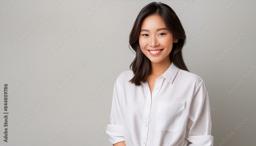 Young Asian woman in white linen shirt against neutral background Young Asian woman in white linen shirt against neutral background
