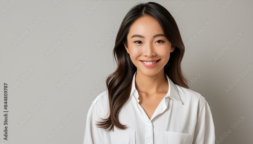 Young Asian woman in white linen shirt against neutral background