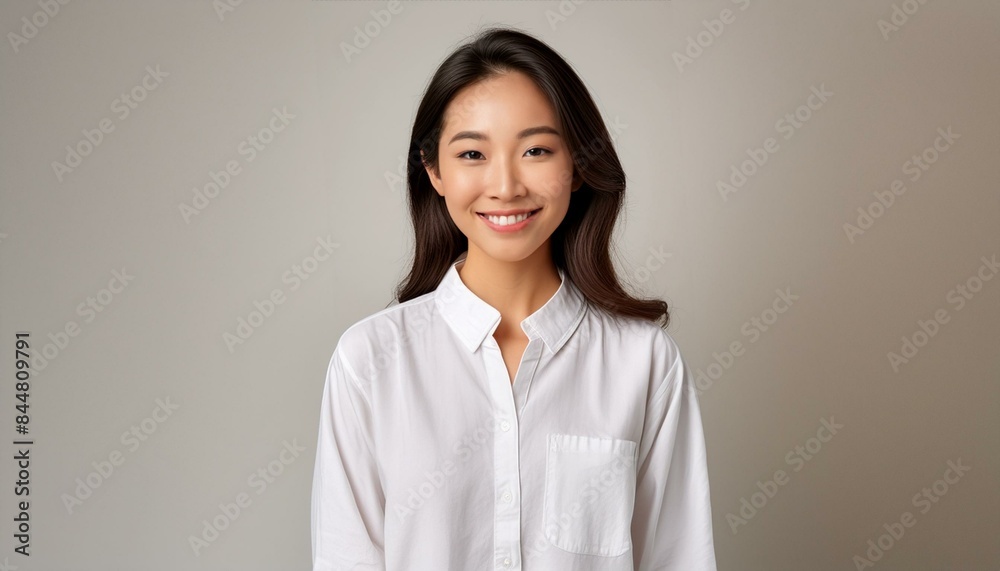 Young Asian woman in white linen shirt against neutral background Young Asian woman in white linen shirt against neutral background