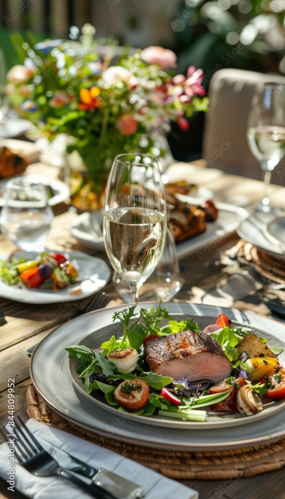Elegant Outdoor Dinner Setting with Three Course Healthy Meal and Flower Arrangement Elegant Outdoor Dinner Setting with Three Course Healthy Meal and Flower Arrangement