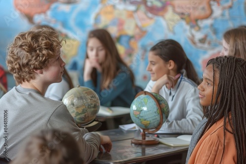 Engaged High School Students Debating in Social Studies Class with Maps, Globes, Educational Artifacts
