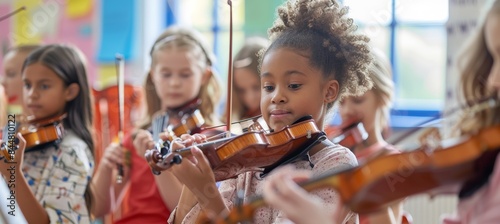 Children in a Music Class Learning to Play Violins with Enthusiastic Participation and Concentration