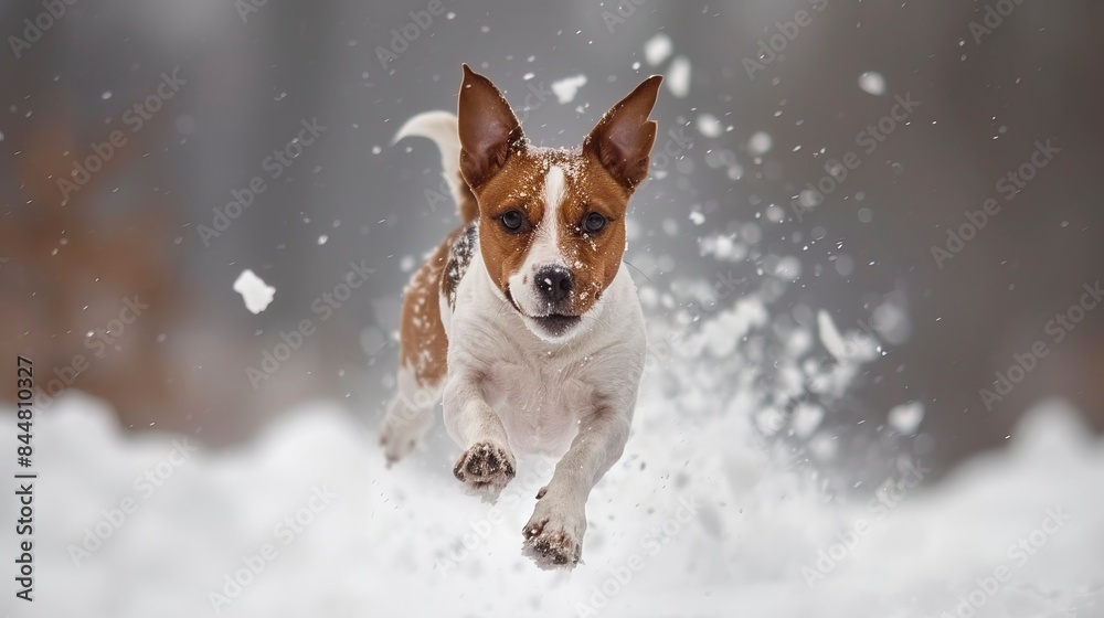 American staford terrier jump in high speed in winter snow, staford American staford terrier jump in high speed in winter snow, staford