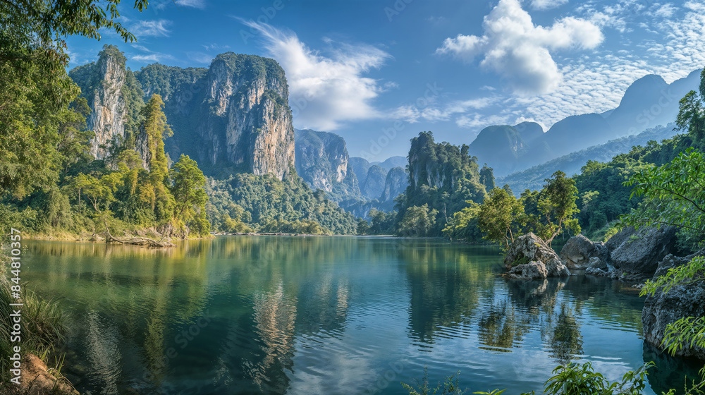 Beautiful landscape with mountains and lake in Thailand on a sunny day Beautiful landscape with mountains and lake in Thailand on a sunny day