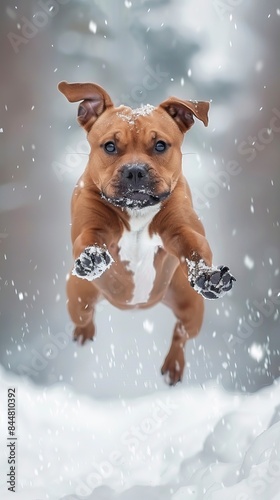 American staford terrier jump in high speed in winter snow, staford © CREATIVE STOCK