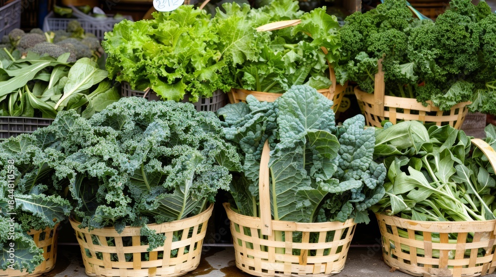 Vibrant Display of Leafy Greens at Farmers Market: Kale, Spinach, and Arugula Baskets Vibrant Display of Leafy Greens at Farmers Market: Kale, Spinach, and Arugula Baskets