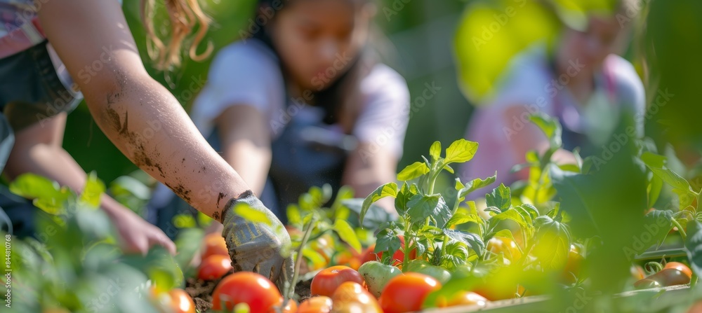 Children Harvesting Vegetables in a School Garden for a Healthy Cooking Project Children Harvesting Vegetables in a School Garden for a Healthy Cooking Project