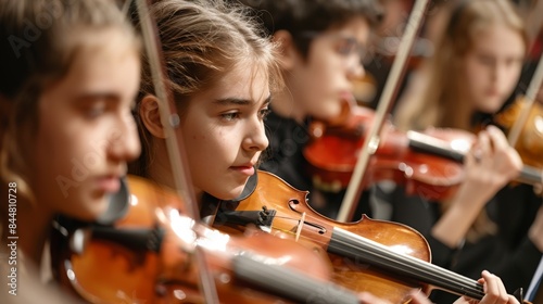Student Orchestra Performance: Young Musicians Playing Violins, Focus on Youth Talent and Music Education