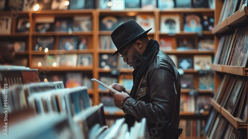 A young man wearing a hat and glasses is looking through a record collection in a store.