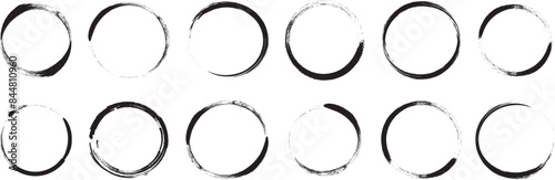 Grunge circle stain, coffee ring, cup ink mark , black round trace line art, charcoal brush outline design isolated on white background. Chalk paint vector illustration