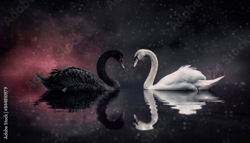 Fototapeta Naklejka Na Ścianę i Meble -  Black and white swans facing each other on a dark night.