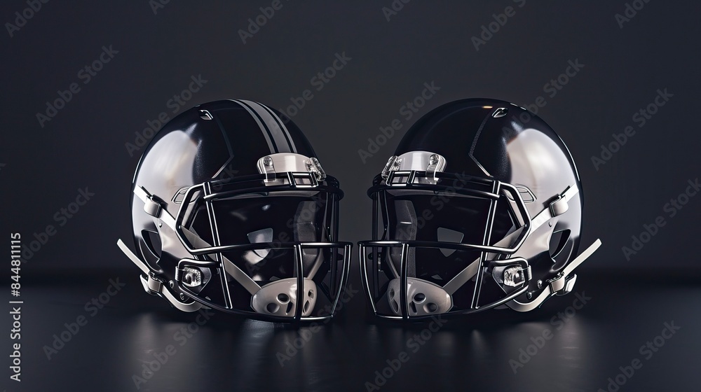 American football black and gray helmets and silver trophy ball on black dark background, superbowl image
