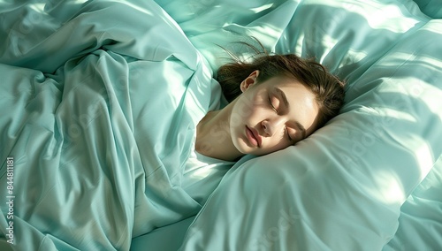Portrait of a beautiful woman sleeping in bed under blue silk sheets