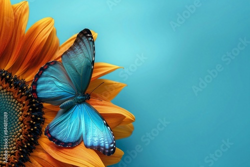 A butterfly on a sunflower, turquoise background, text space.