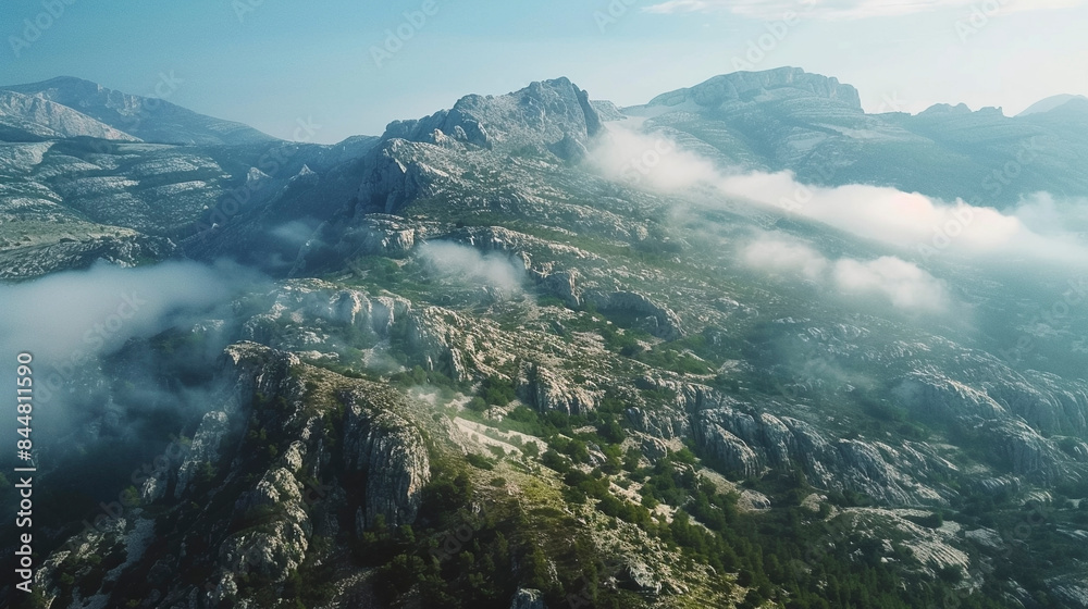Scenic Aerial Shot, Verdant Mountain Summit with clouds Scenic Aerial Shot, Verdant Mountain Summit with clouds