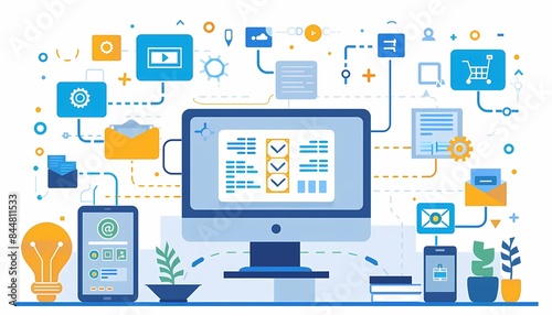 Flat design of information technology management with IT infrastructure, network management, and server maintenance