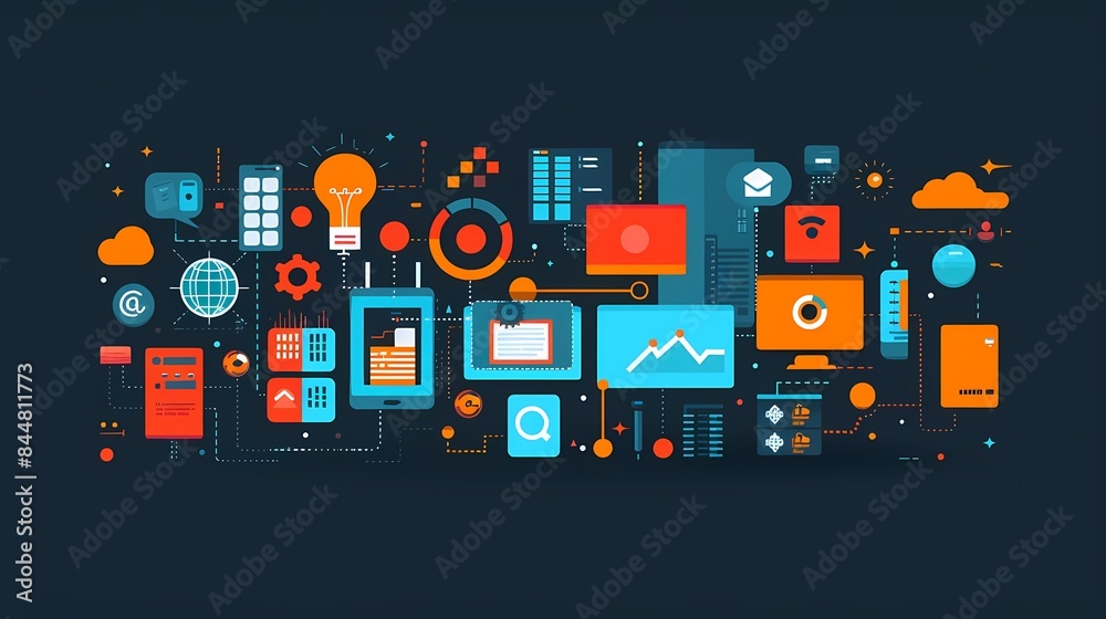 Flat design of information technology management with IT infrastructure, network management, and server maintenance Flat design of information technology management with IT infrastructure, network management, and server maintenance